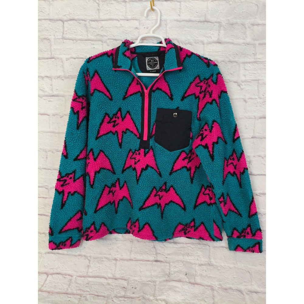 Airblaster Landform Series Mens Sherpa Fleece Pullover Teal Pink Bats XL Geo 90s